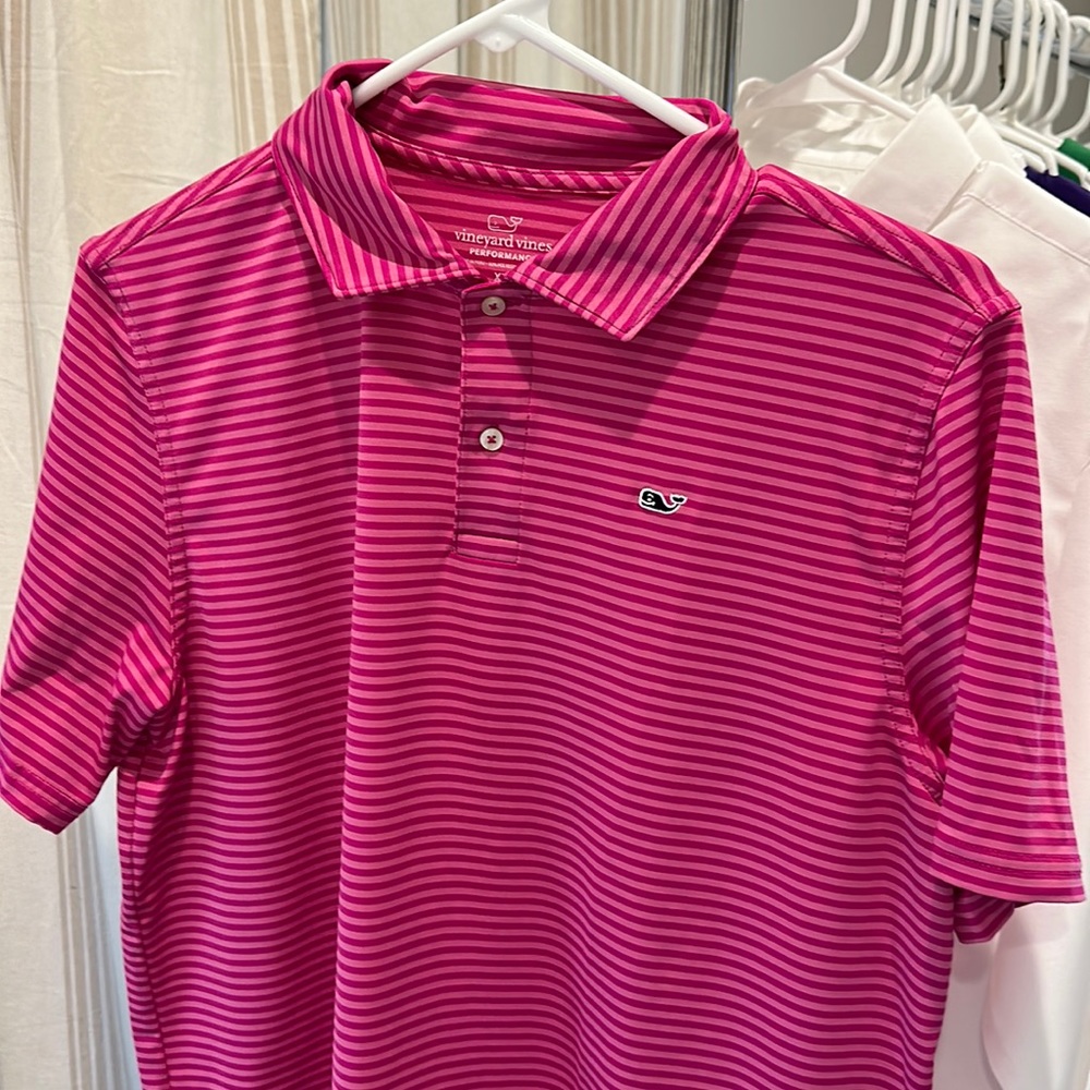 Vineyard Vines youth XL boys hot pink stripe performance collared shirt polo